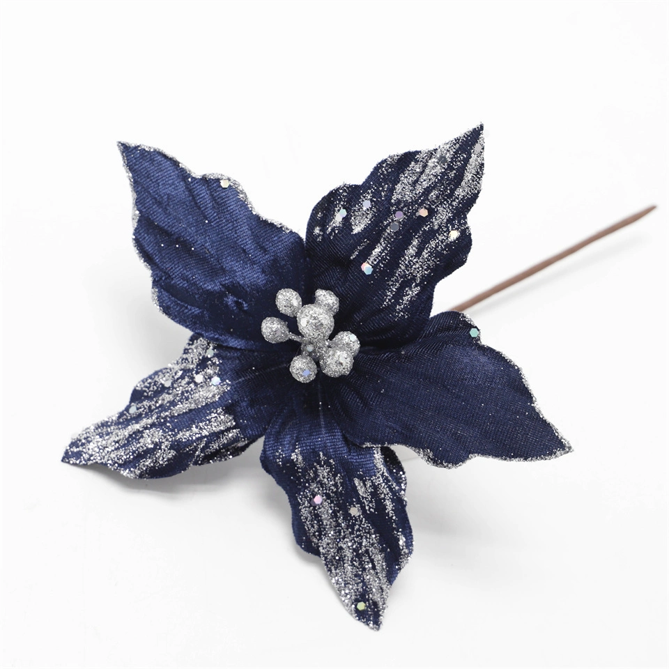 Blue Velvet Sequin Christmas Flower Sacred Tree Decoration Home Decoration Assorted Artificial Flower Poinsettia